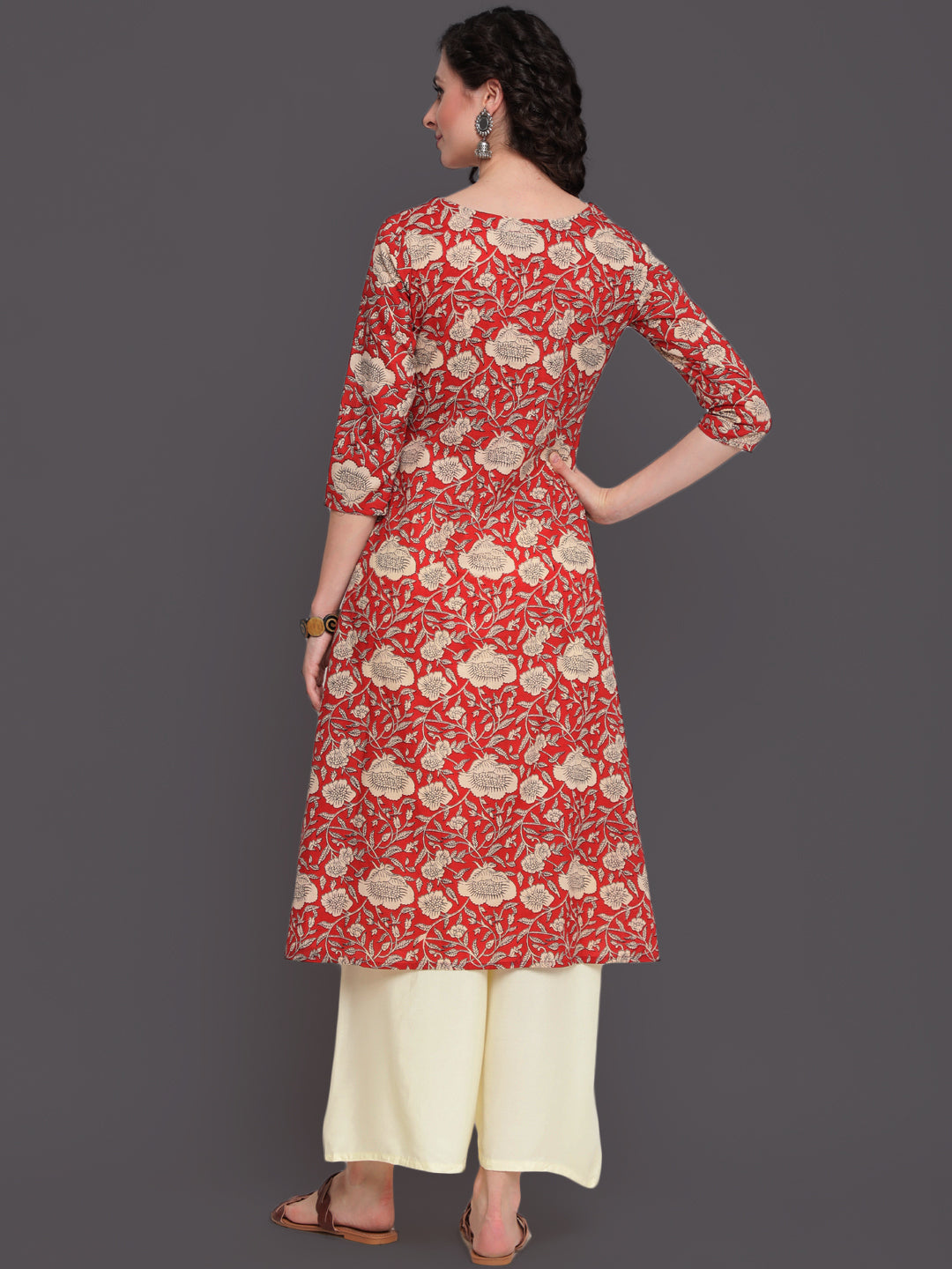 Cotton Calf Length Straight 3/4 Sleeve Round Neck Printed Kurta - Image 4