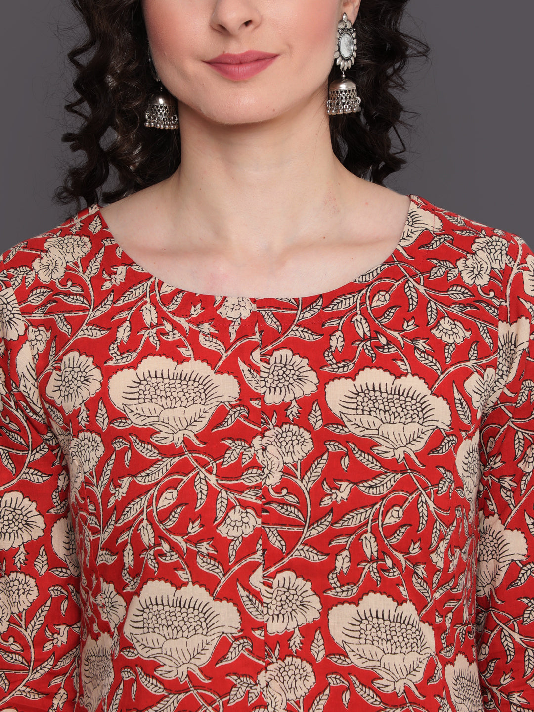 Cotton Calf Length Straight 3/4 Sleeve Round Neck Printed Kurta - Image 5