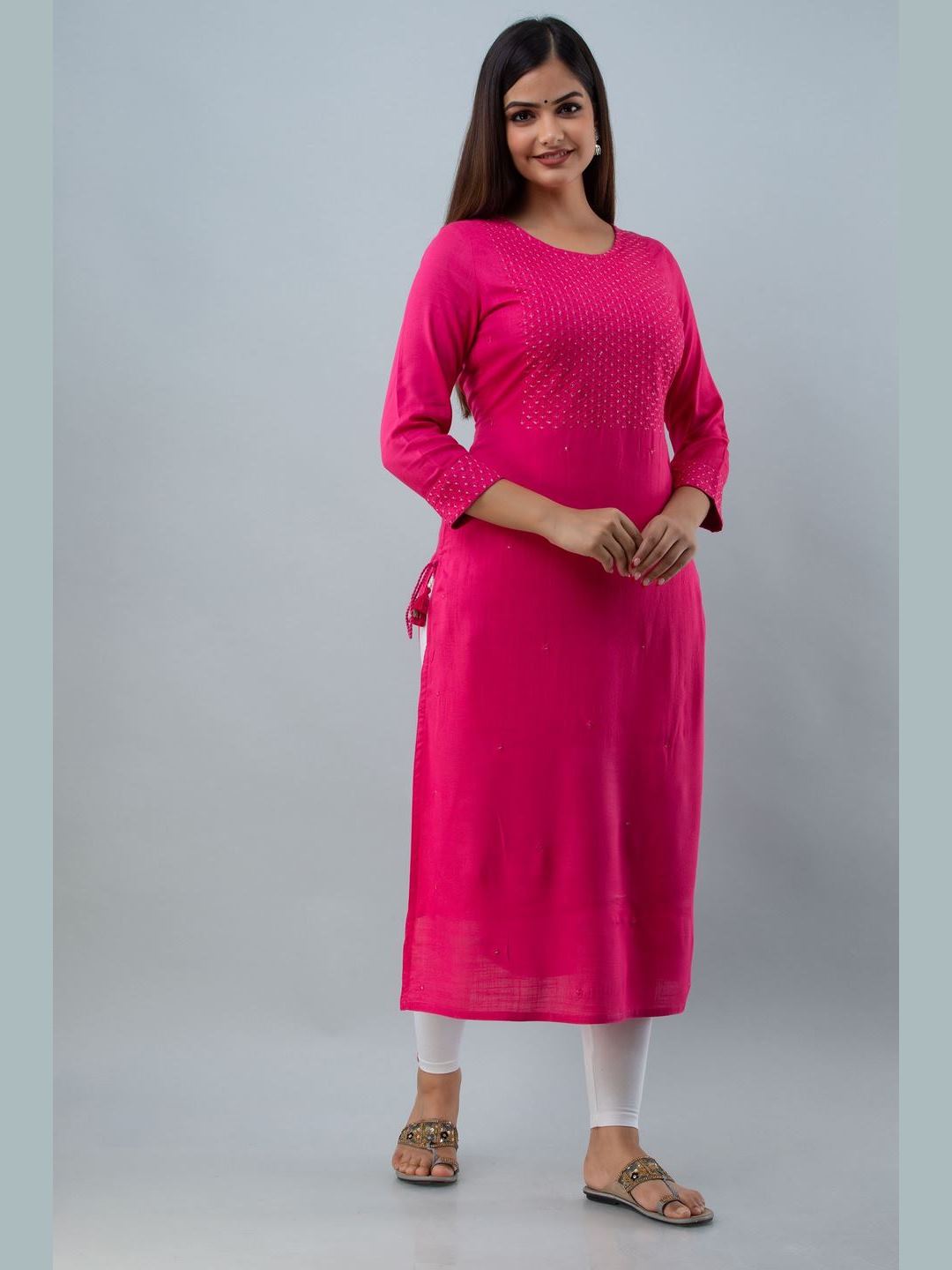 Embroidered Rayon Round Neck 3/4 Sleeve Straight Calf Kurta - Image 2