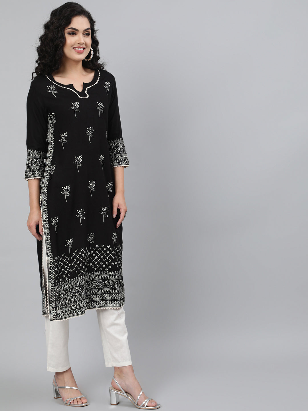 Rayon Black Calf Length Straight 3/4 Sleeve Round Neck Printed Kurta - Image 3