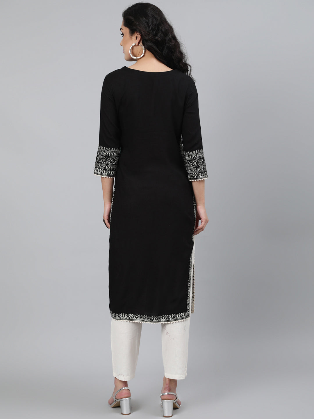 Rayon Black Calf Length Straight 3/4 Sleeve Round Neck Printed Kurta - Image 5