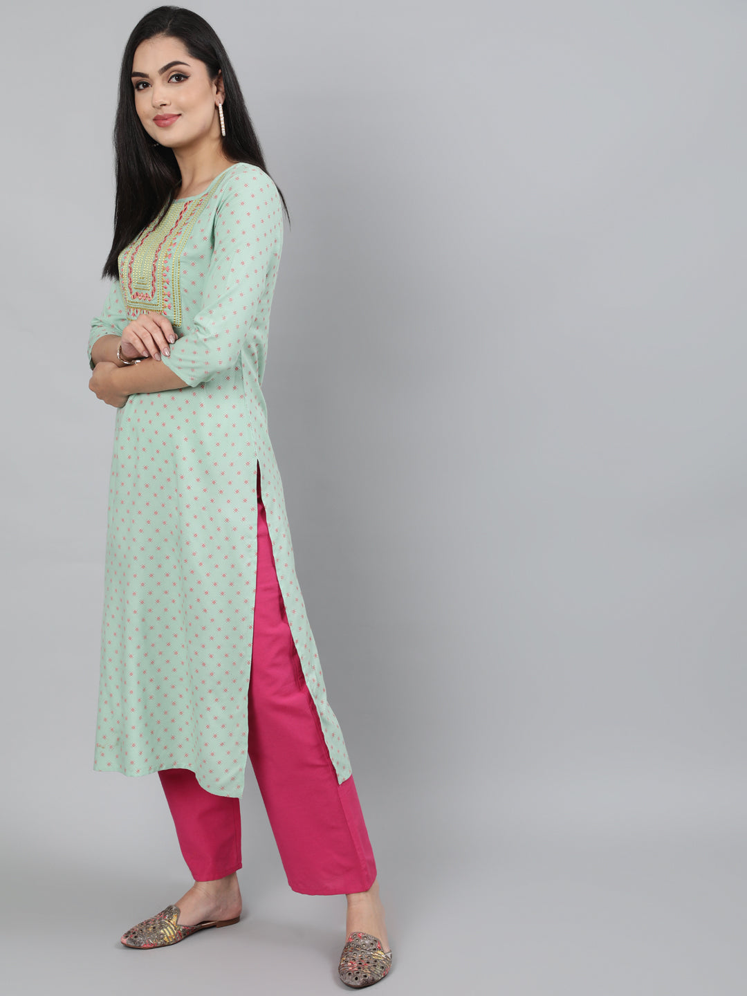 Rayon Olive Green Calf Length Straight 3/4 Sleeve Round Neck Embroidered Kurta - Image 4