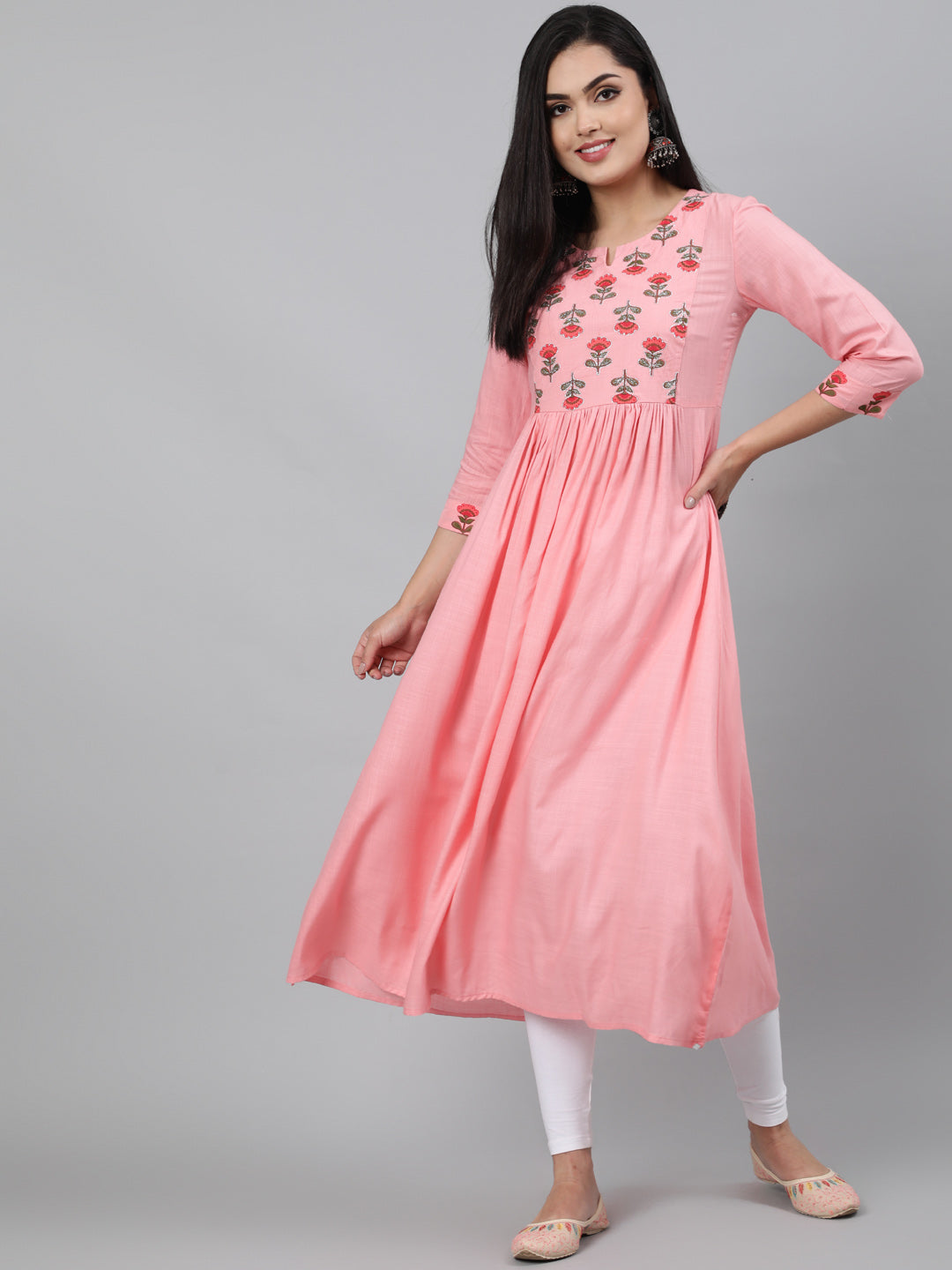 Rayon Baby Pink Calf Length A-Line 3/4 Sleeve Round Neck Embroidered Kurta - Image 2
