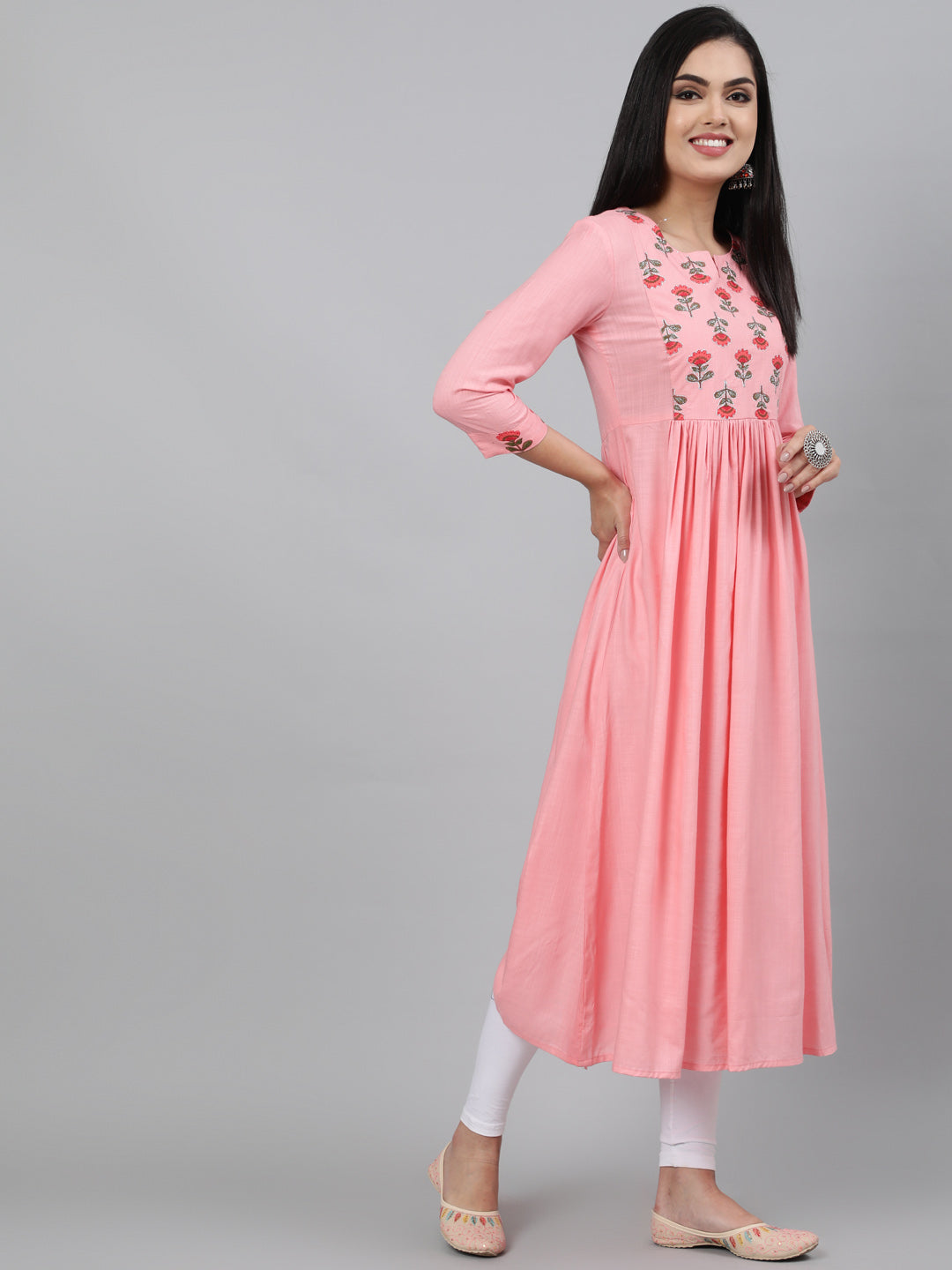 Rayon Baby Pink Calf Length A-Line 3/4 Sleeve Round Neck Embroidered Kurta - Image 3