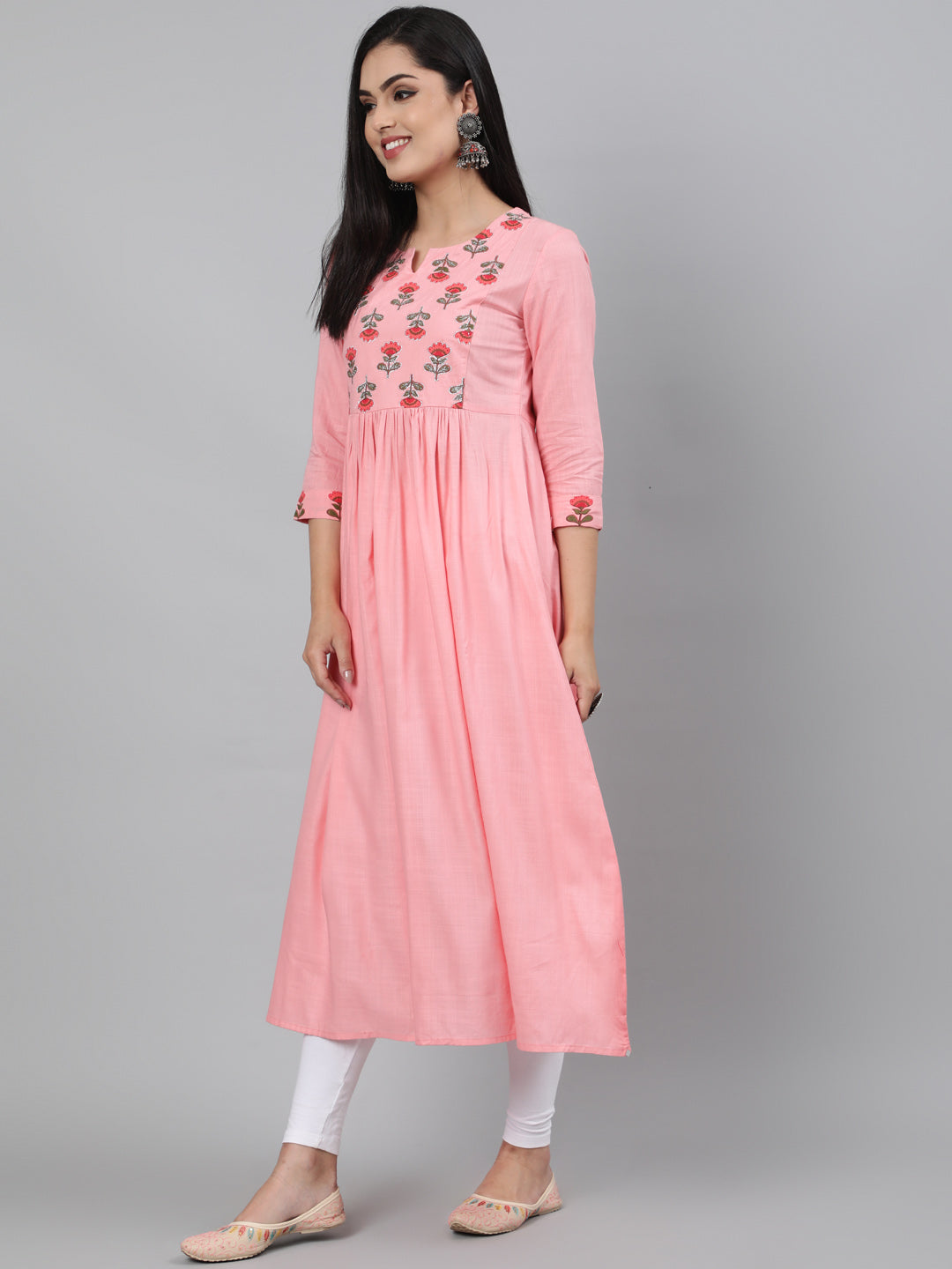 Rayon Baby Pink Calf Length A-Line 3/4 Sleeve Round Neck Embroidered Kurta - Image 4