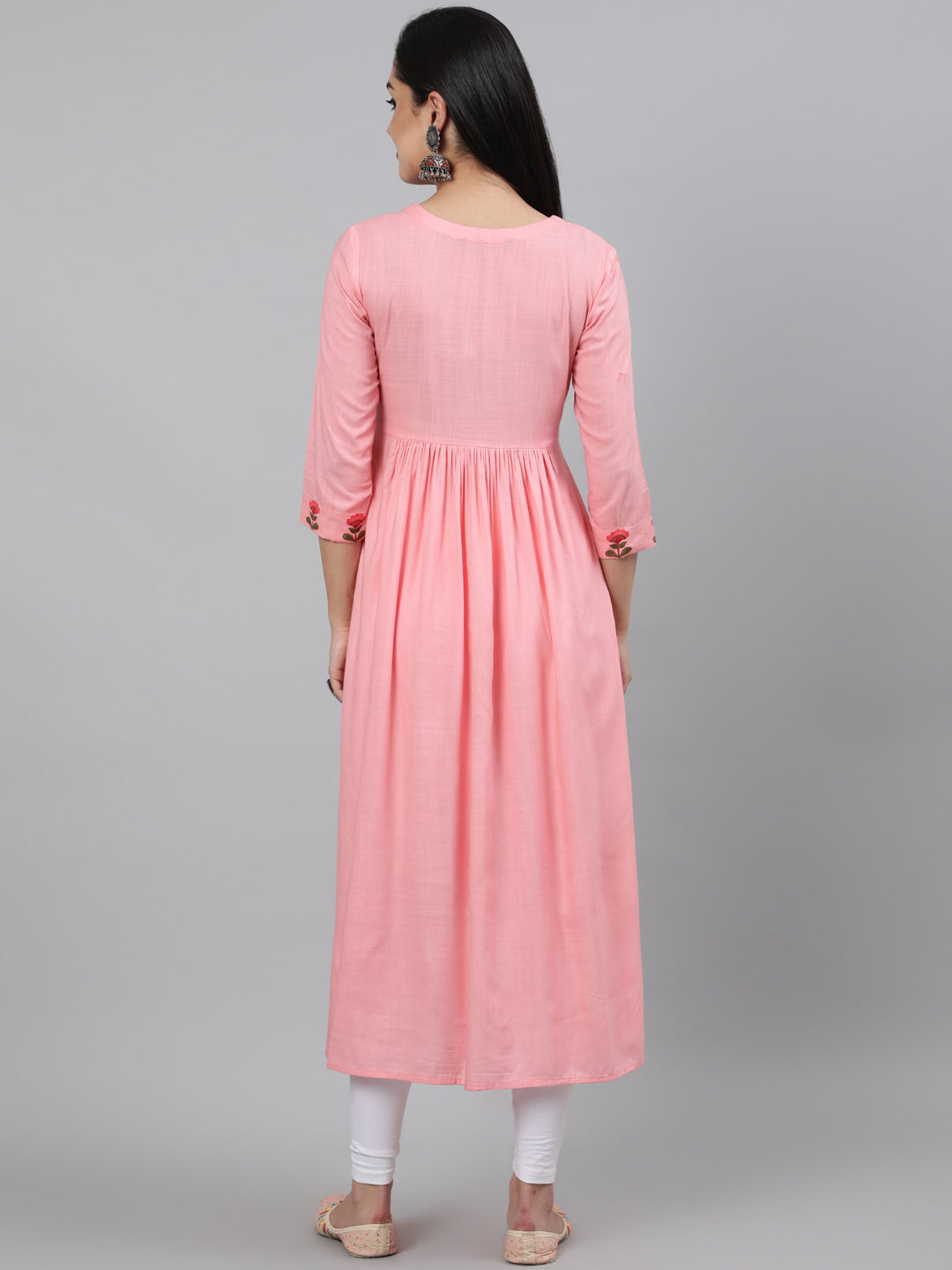 Rayon Baby Pink Calf Length A-Line 3/4 Sleeve Round Neck Embroidered Kurta - Image 5