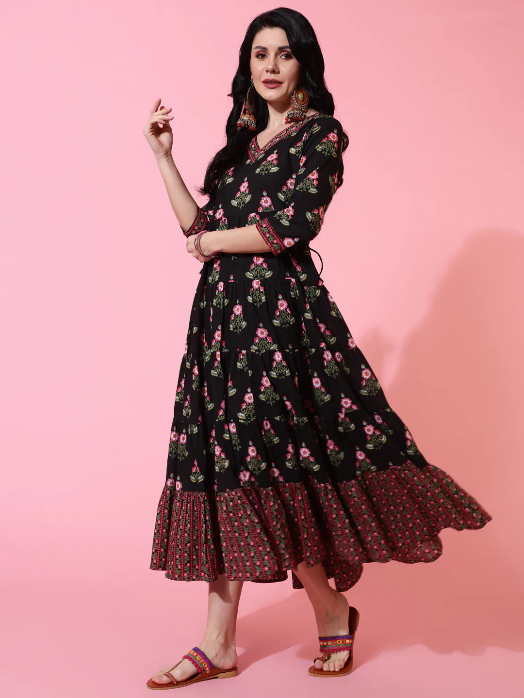 Cotton Calf Length Flared 3/4 Sleeve Printed V-Neck Kurta - Image 5