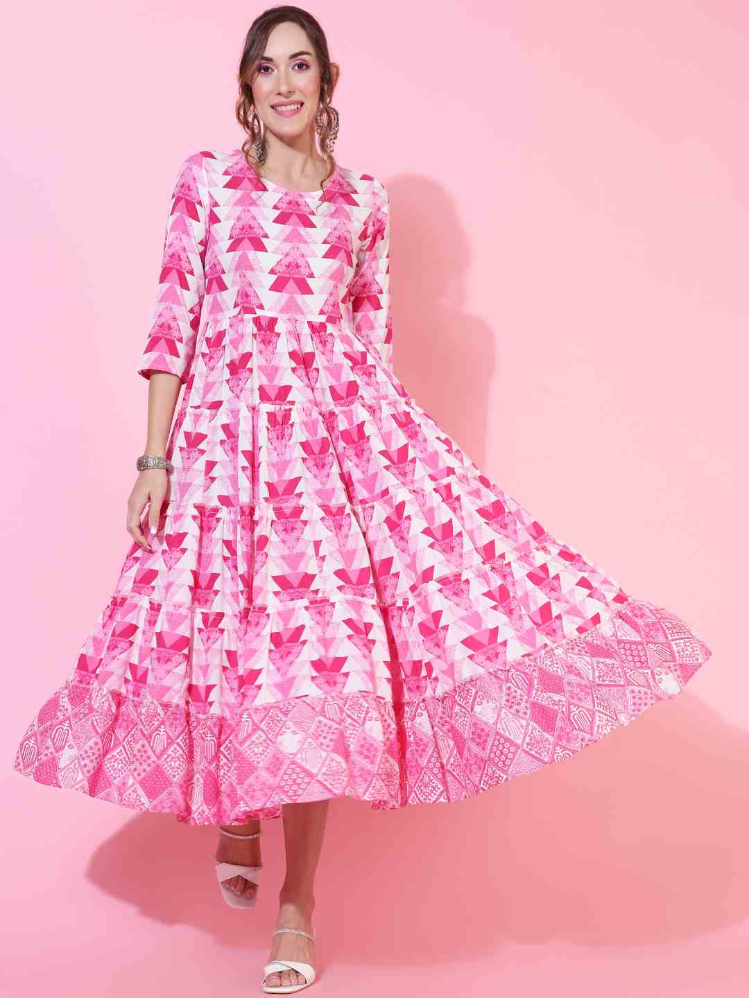 Rayon Calf Length Printed Flared 3/4 sleeves Round Kurta - Image 3