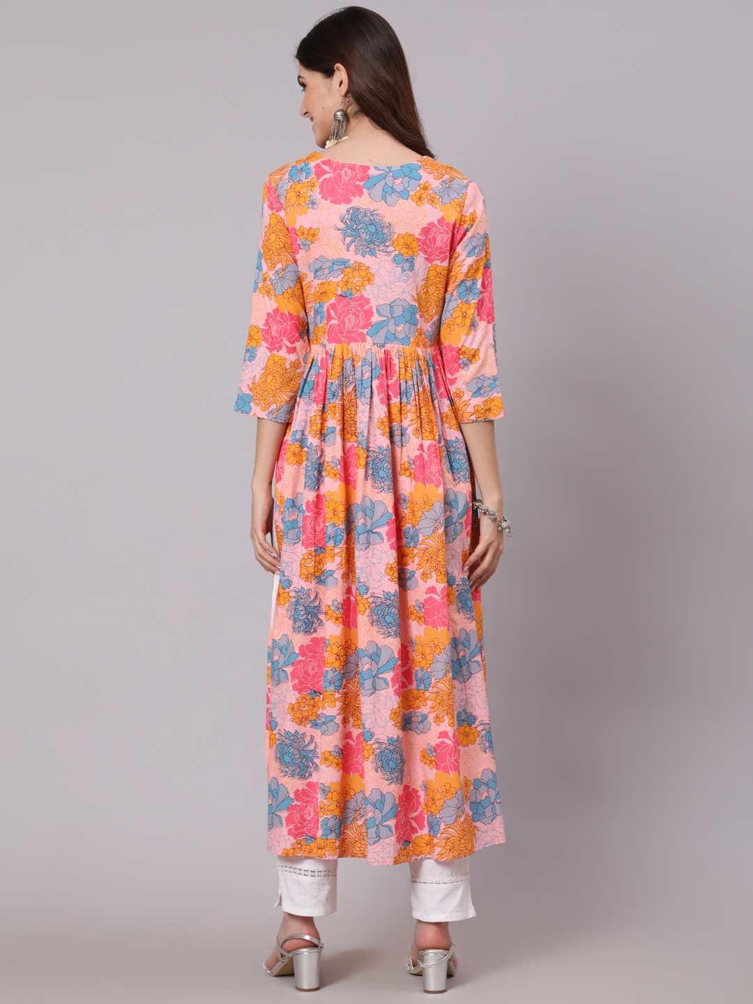 Rayon Calf Length Printed Semi Flared 3/4 Sleeve Round Neck Kurta - Image 3