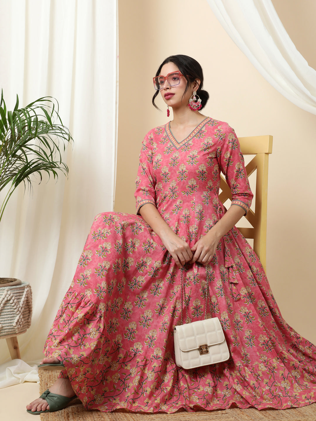 Cotton Calf Length Printed Flared 3/4 Sleeves V-Neck Kurta - Image 6