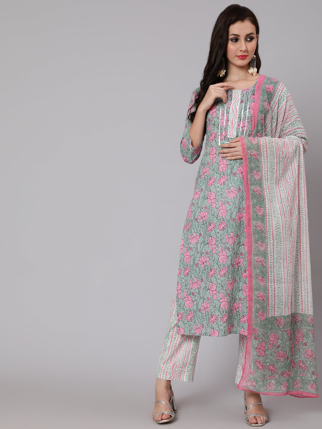 Cotton Printed Round Neck 3/4 Sleeve Straight Calf Length Ethnic Kurta Pants With Dupatta Set - Image 2