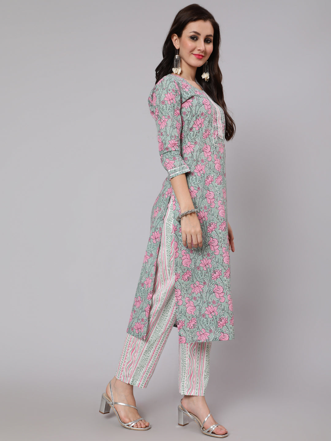 Cotton Printed Round Neck 3/4 Sleeve Straight Calf Length Ethnic Kurta Pants With Dupatta Set - Image 3