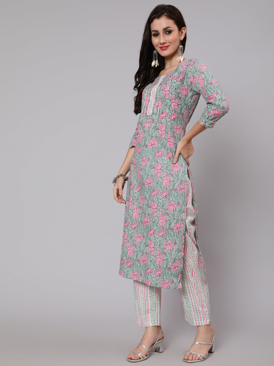Cotton Printed Round Neck 3/4 Sleeve Straight Calf Length Ethnic Kurta Pants With Dupatta Set - Image 4
