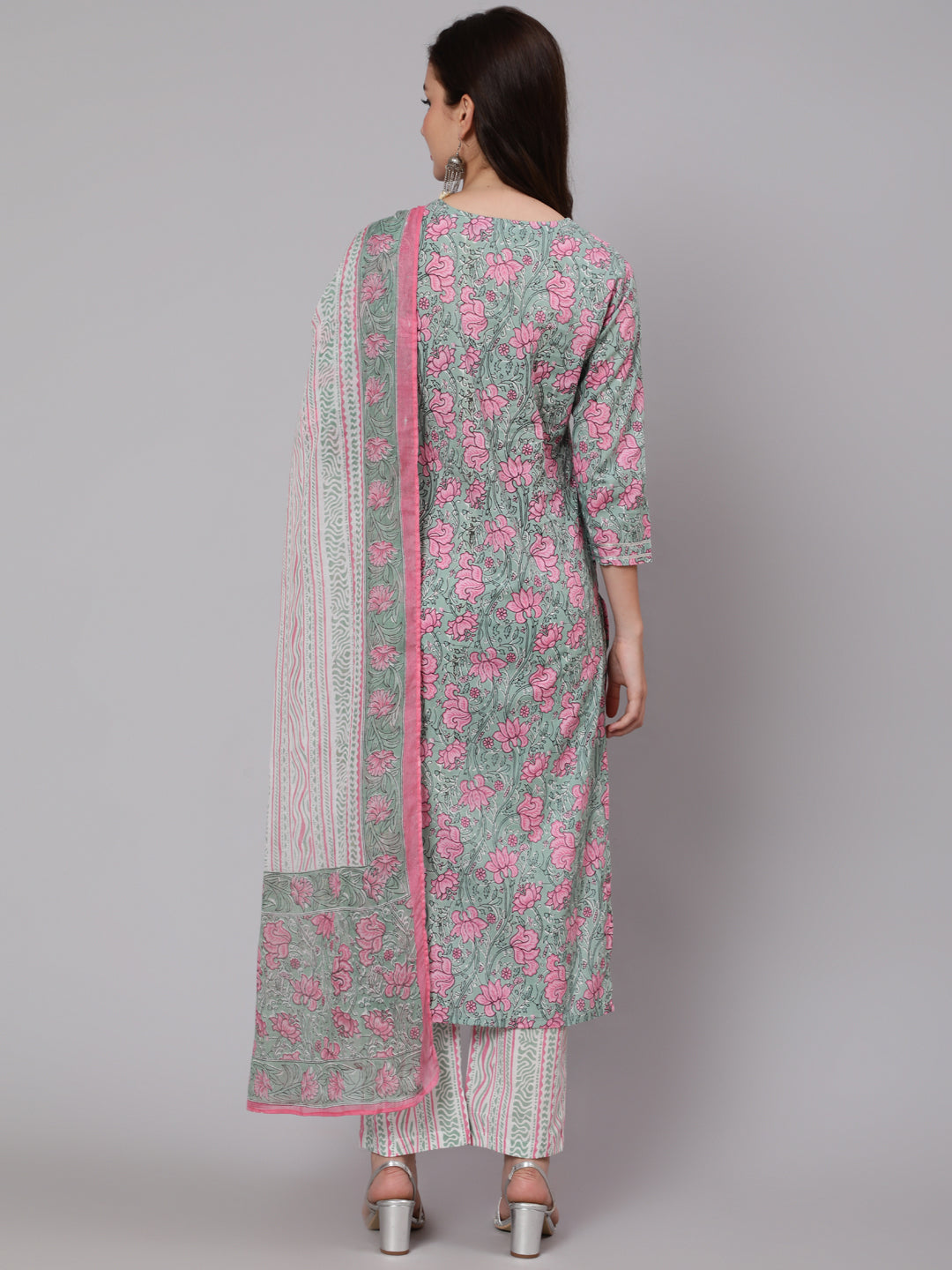 Cotton Printed Round Neck 3/4 Sleeve Straight Calf Length Ethnic Kurta Pants With Dupatta Set - Image 5