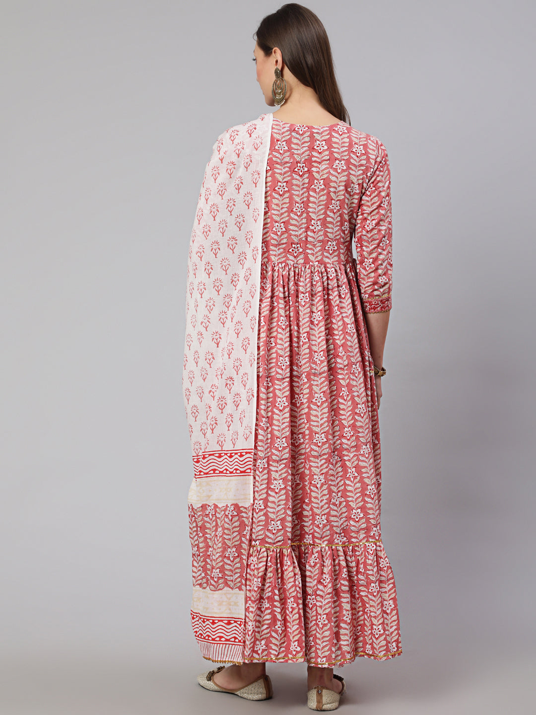 Cotton Printed Ankle Length Flared 3/4 Sleeve Round Neck Kurta, Pants With Dupatta Set - Image 2