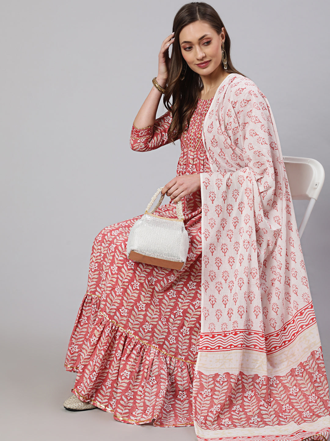 Cotton Printed Ankle Length Flared 3/4 Sleeve Round Neck Kurta, Pants With Dupatta Set - Image 6