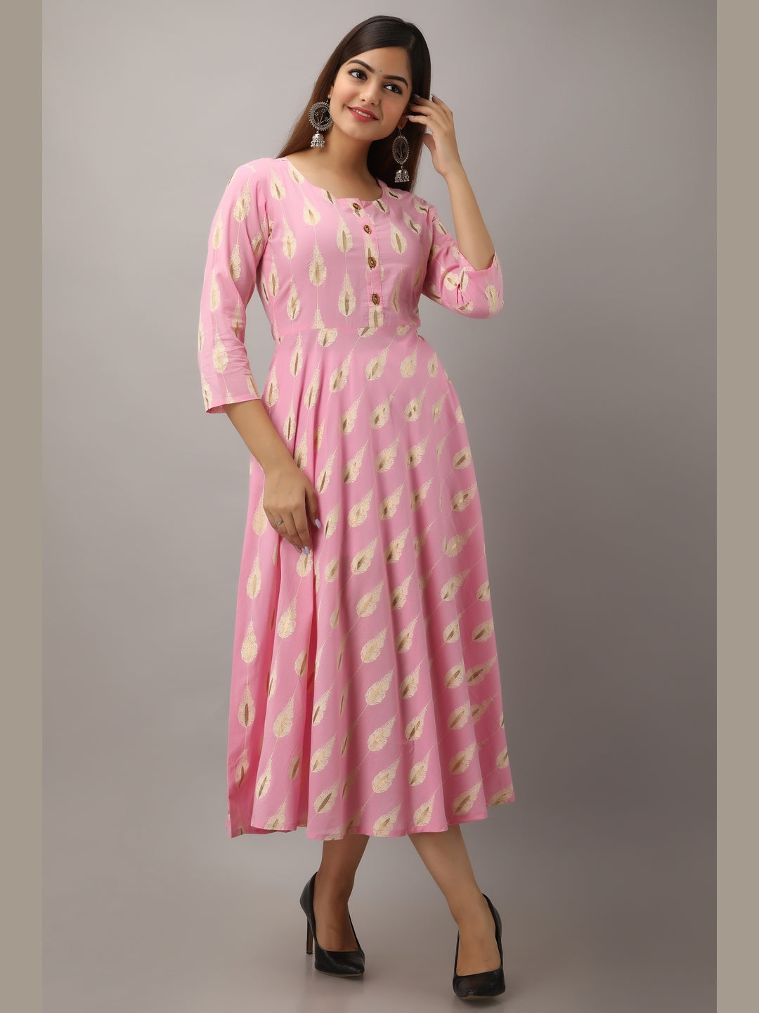 Cotton Printed Round Neck 3/4 Sleeve Flared Ankle Length Kurta - Image 2