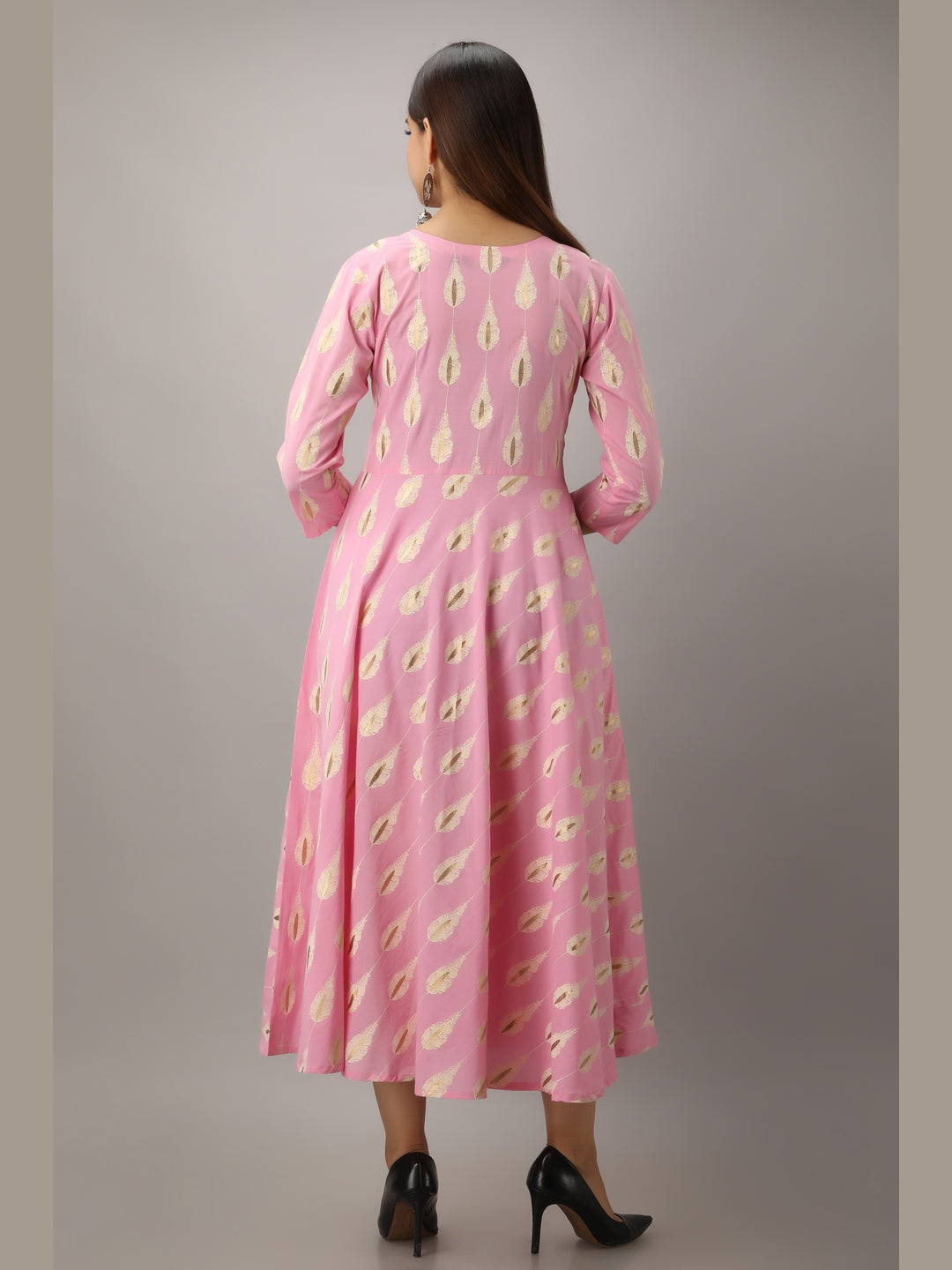Cotton Printed Round Neck 3/4 Sleeve Flared Ankle Length Kurta - Image 3