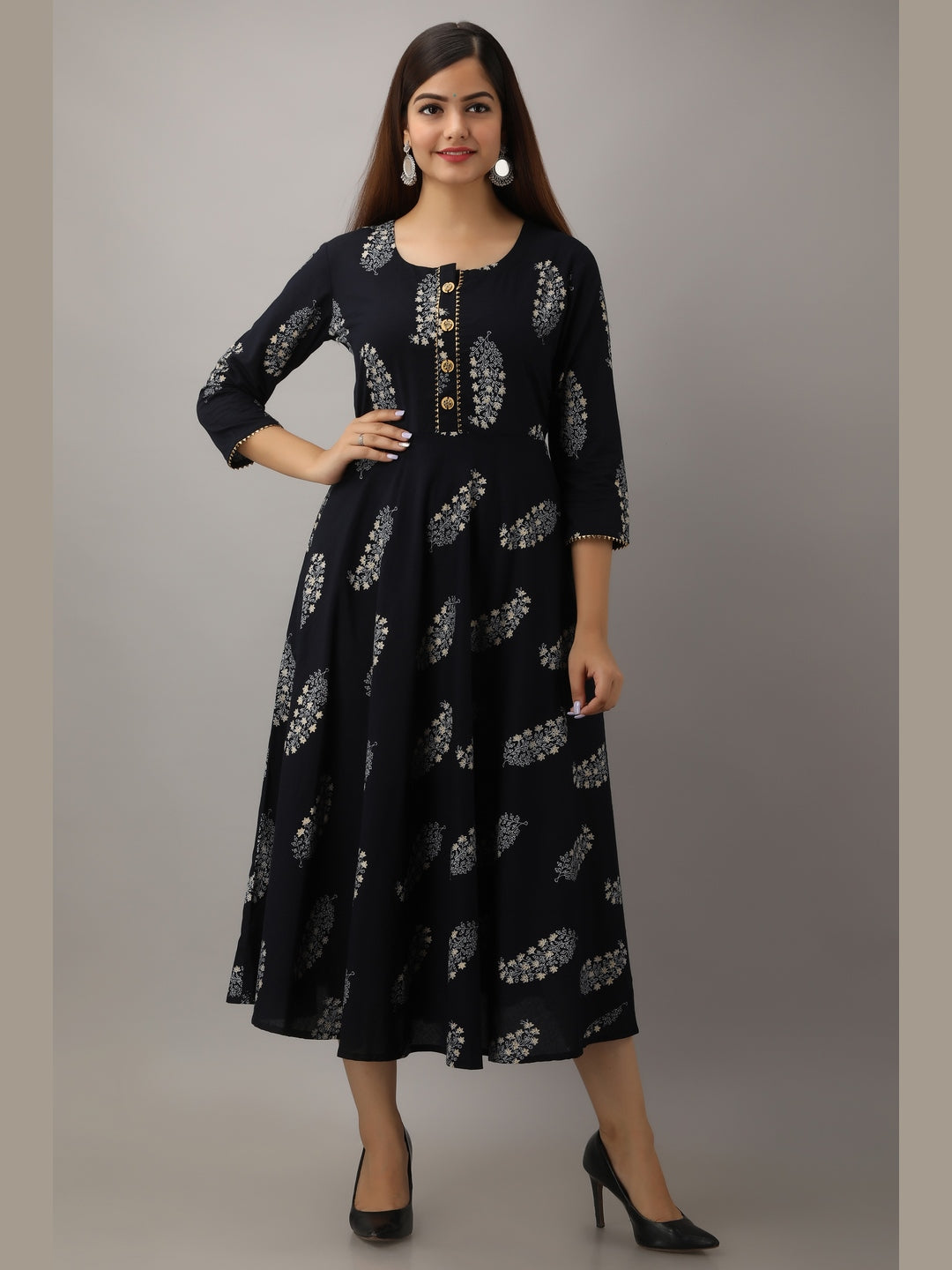Cotton Printed Round Neck 3/4 Sleeve Flared Ankle Length Kurta - Image 2