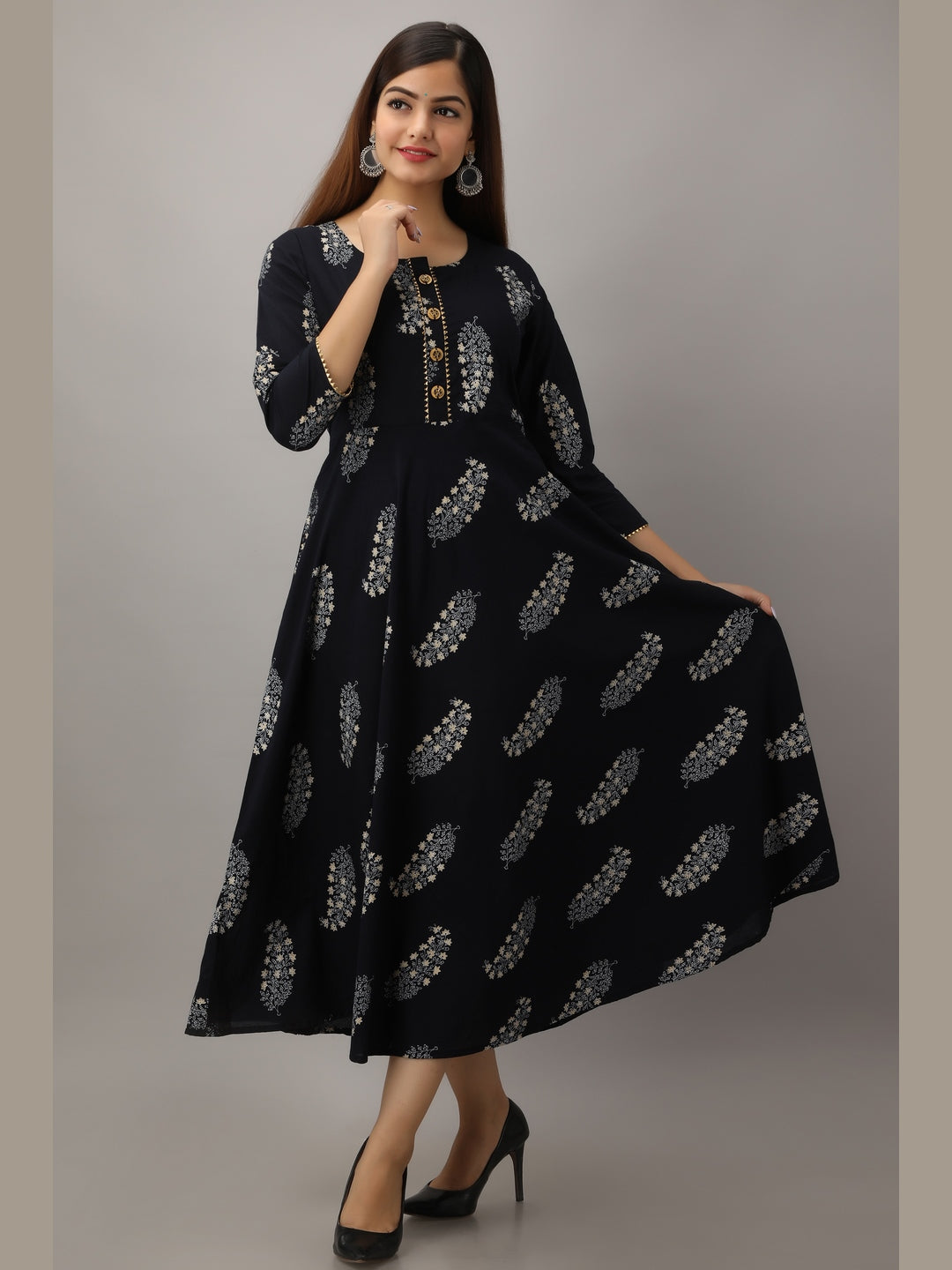 Cotton Printed Round Neck 3/4 Sleeve Flared Ankle Length Kurta - Image 4