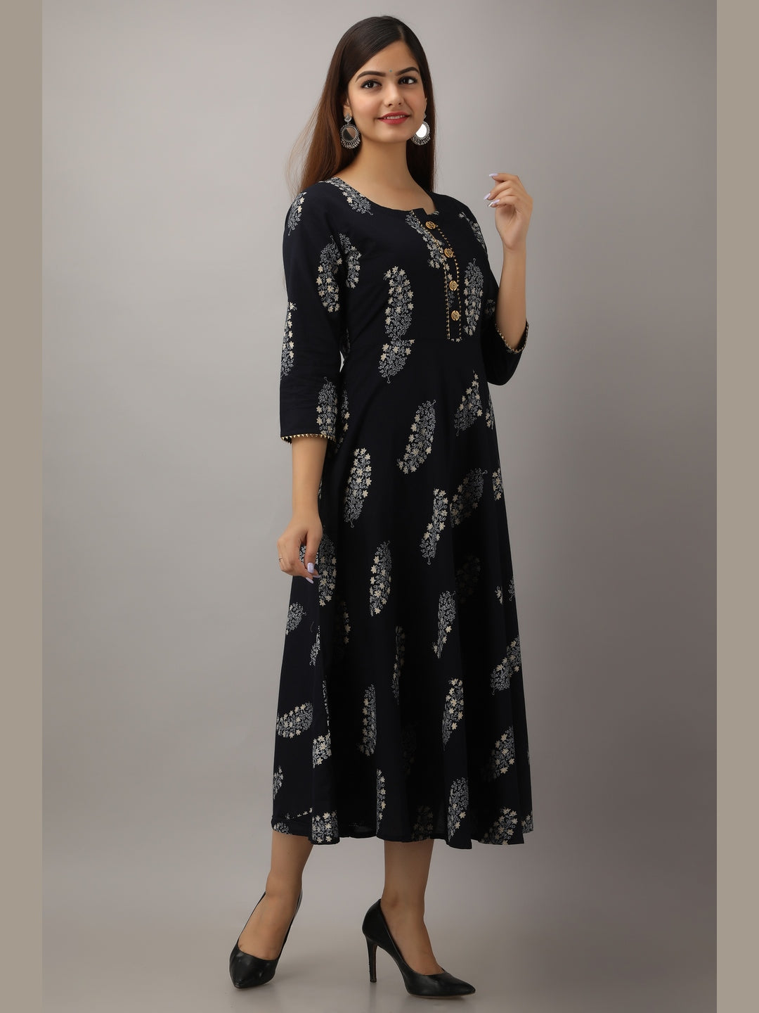 Cotton Printed Round Neck 3/4 Sleeve Flared Ankle Length Kurta - Image 3