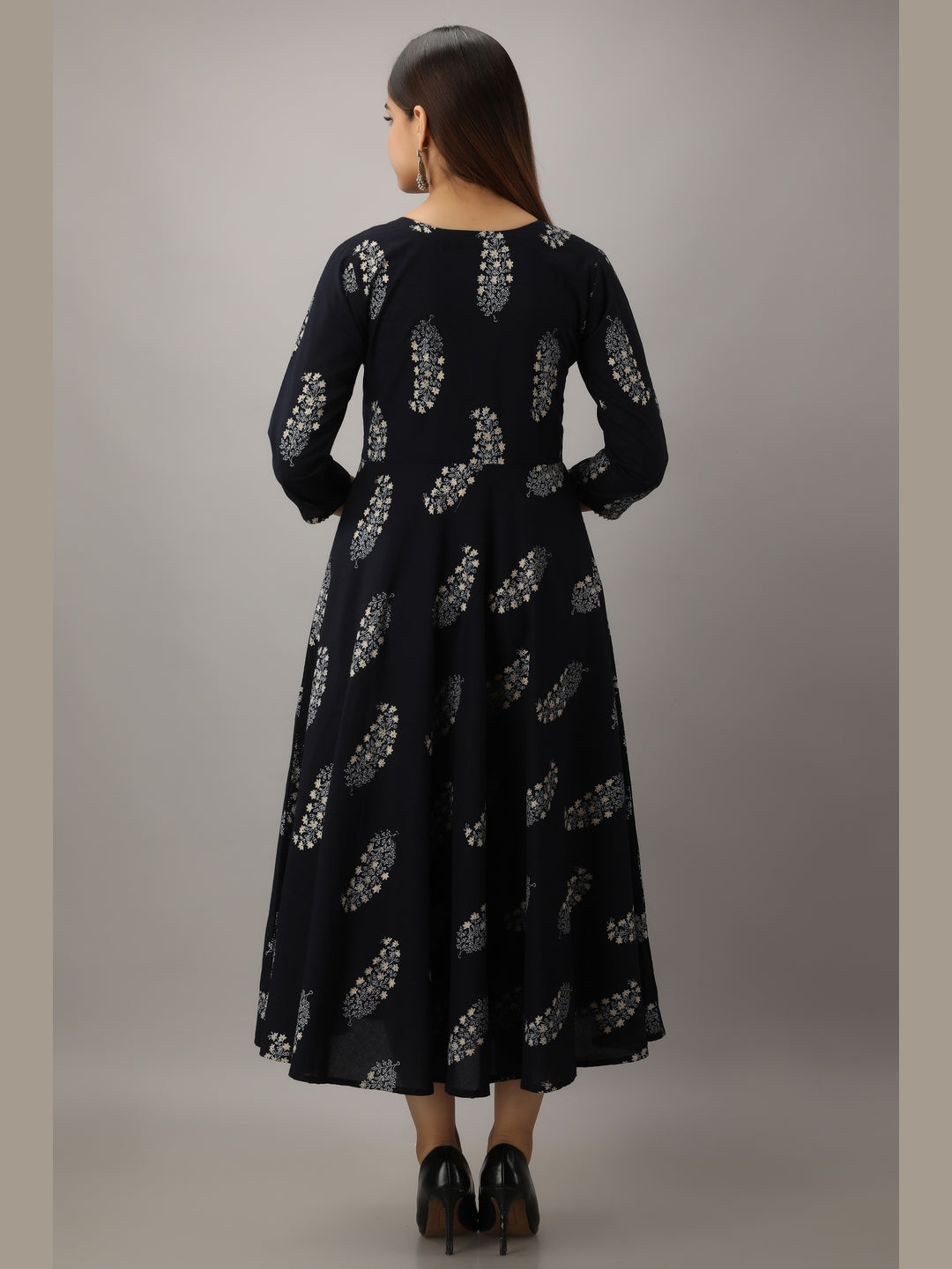 Cotton Printed Round Neck 3/4 Sleeve Flared Ankle Length Kurta - Image 5