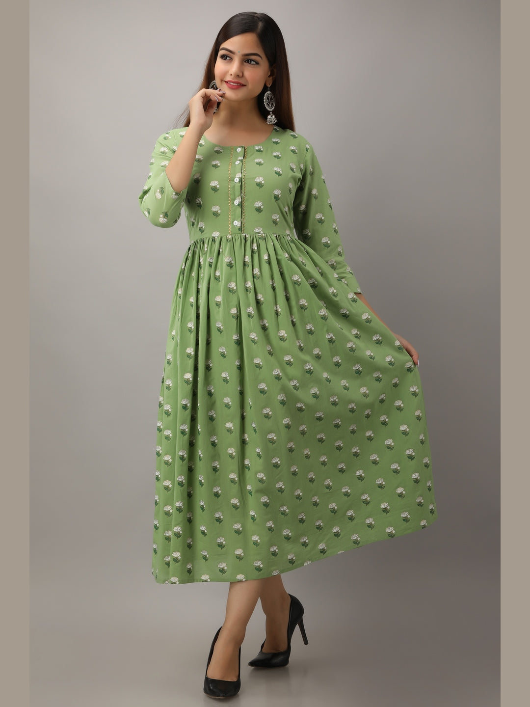 Cotton Printed Round Neck 3/4 Sleeve Flared Ankle Length Kurta - Image 2