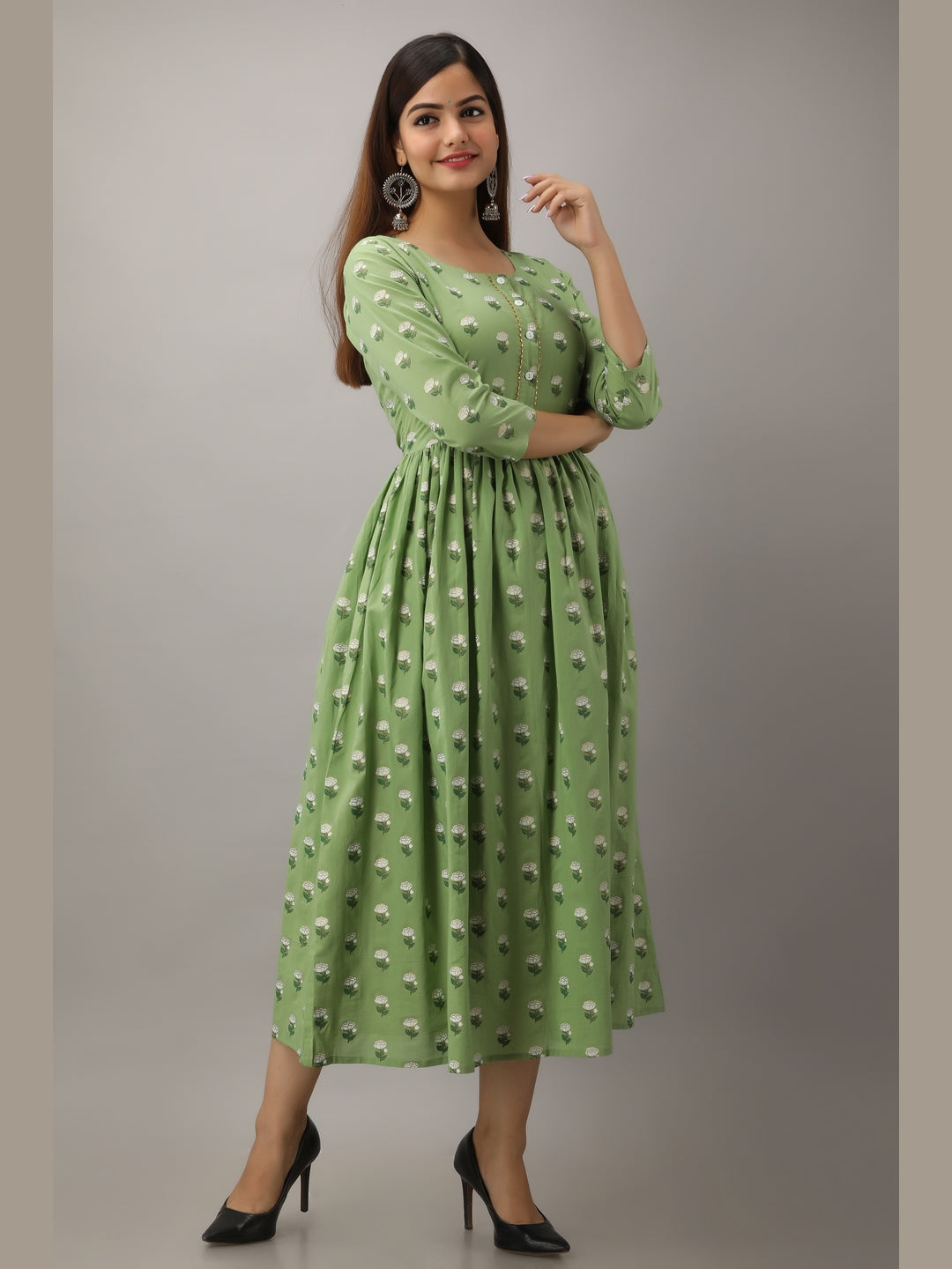 Cotton Printed Round Neck 3/4 Sleeve Flared Ankle Length Kurta - Image 4