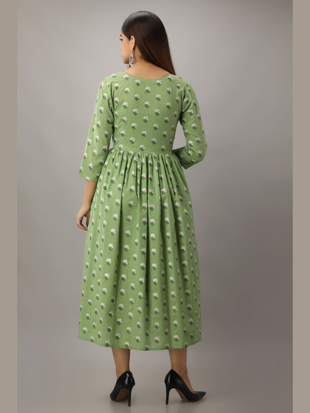Cotton Printed Round Neck 3/4 Sleeve Flared Ankle Length Kurta - Image 3