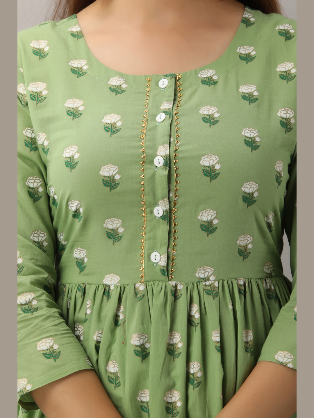 Cotton Printed Round Neck 3/4 Sleeve Flared Ankle Length Kurta - Image 5