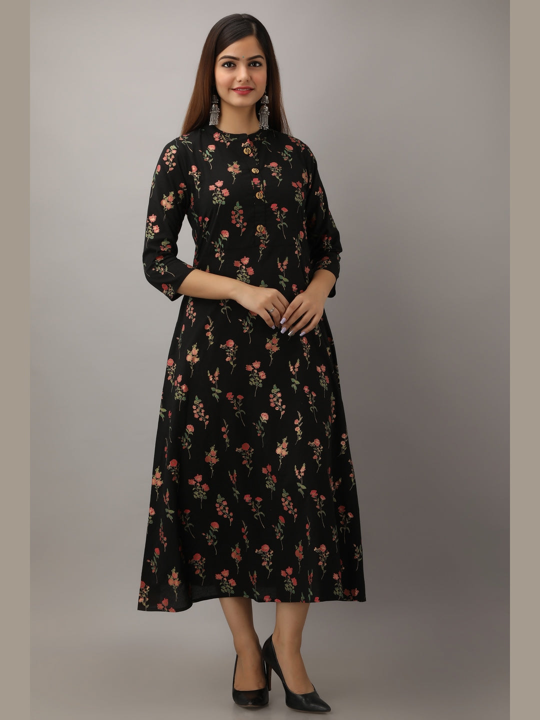 Cotton Printed Mandarin Neck 3/4 Sleeve A-line Ankle Length Kurta - Image 2