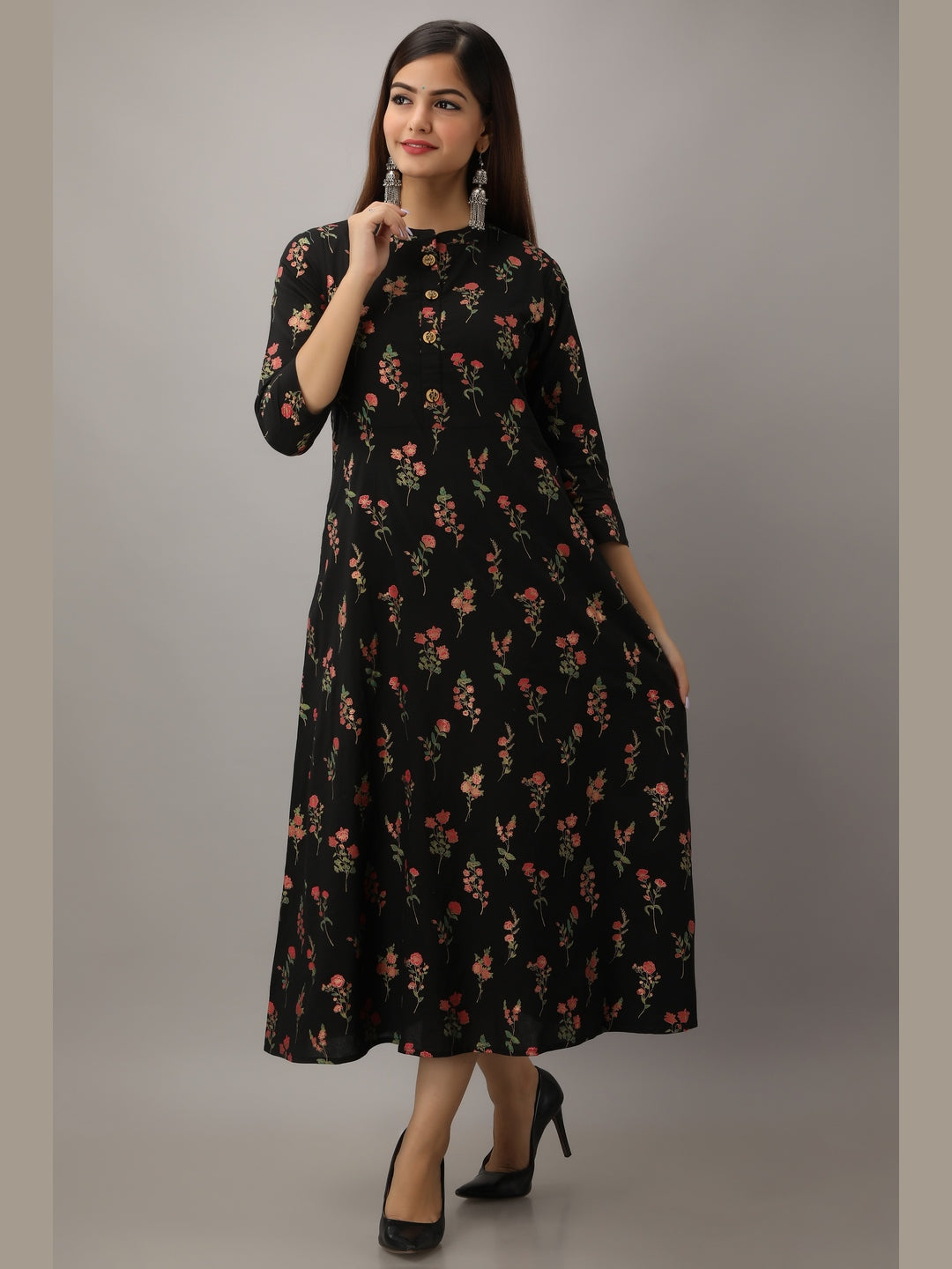 Cotton Printed Mandarin Neck 3/4 Sleeve A-line Ankle Length Kurta - Image 4