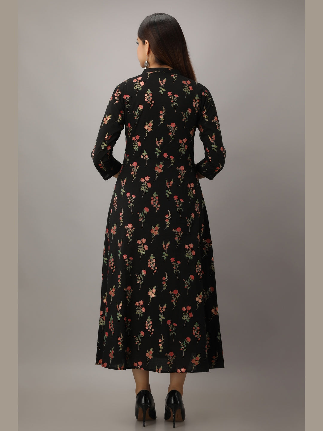 Cotton Printed Mandarin Neck 3/4 Sleeve A-line Ankle Length Kurta - Image 3