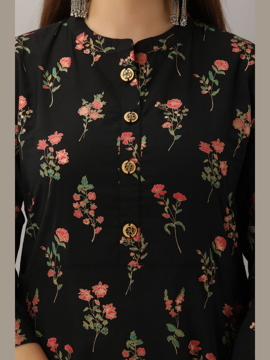 Cotton Printed Mandarin Neck 3/4 Sleeve A-line Ankle Length Kurta - Image 5