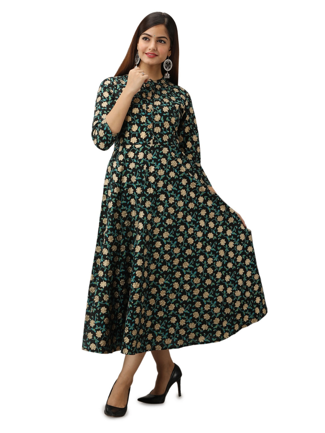 Cotton Printed Mandarin Neck 3/4 Sleeve Flared Ankle Length Kurta - Image 2