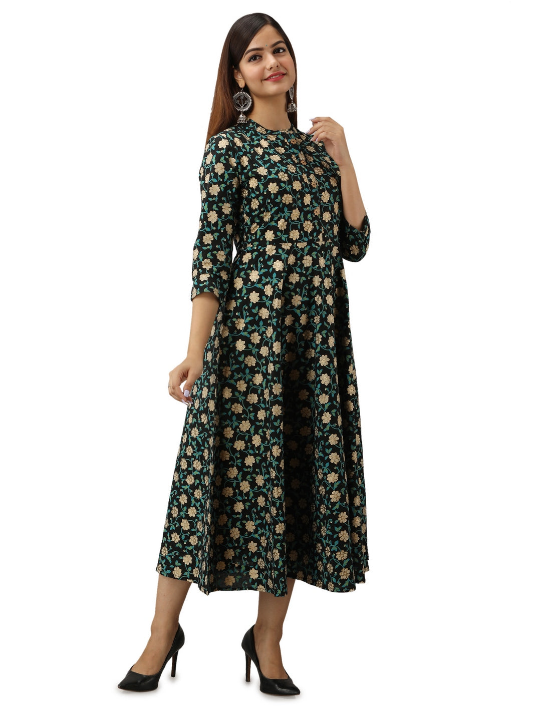 Cotton Printed Mandarin Neck 3/4 Sleeve Flared Ankle Length Kurta - Image 4