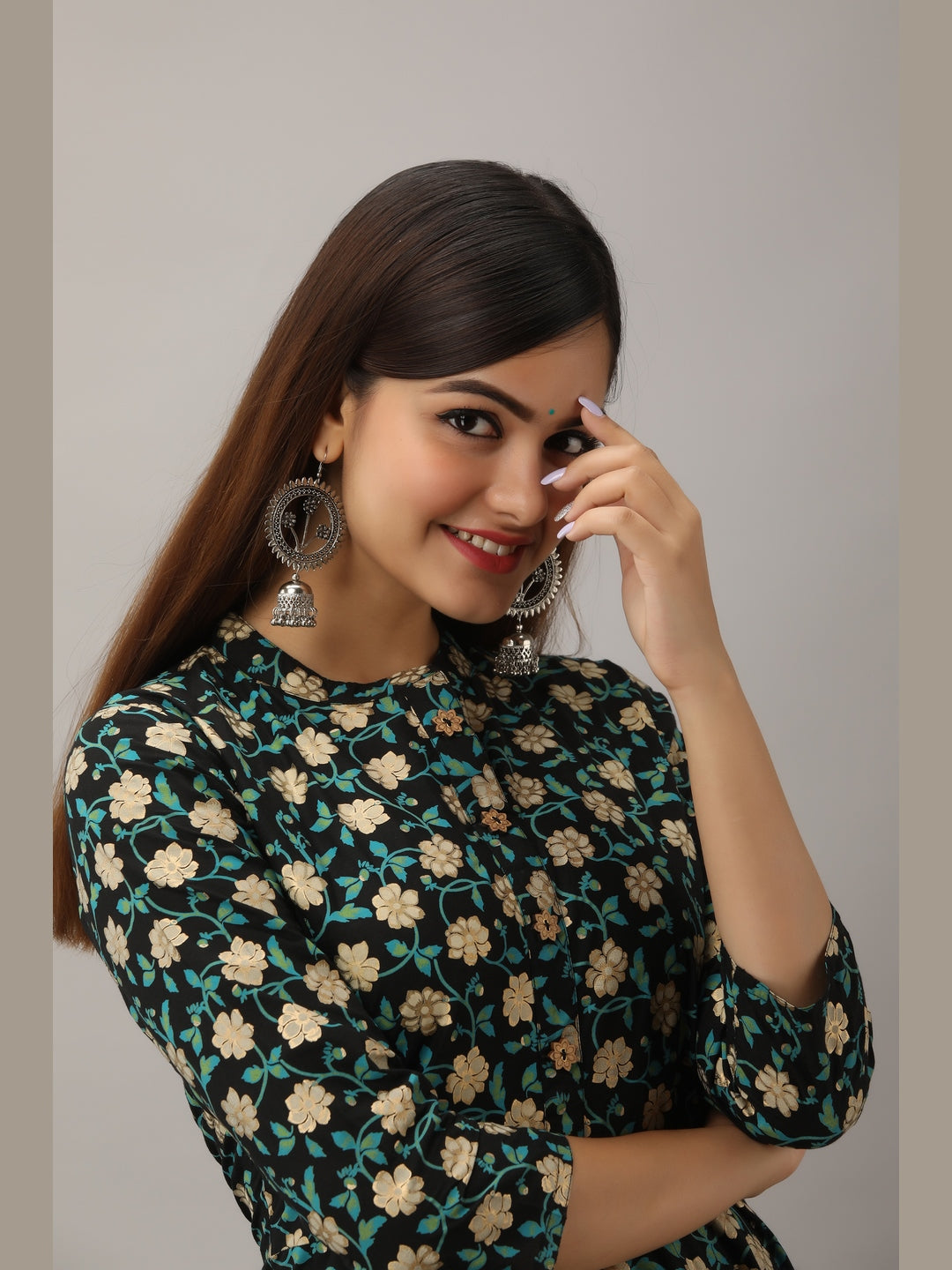 Cotton Printed Mandarin Neck 3/4 Sleeve Flared Ankle Length Kurta - Image 5
