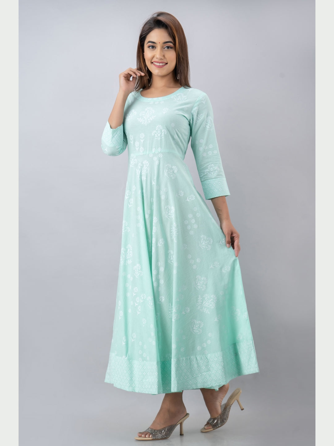 Cotton Printed Round Neck 3/4 Sleeve Flared Ankle Length Kurta - Image 2