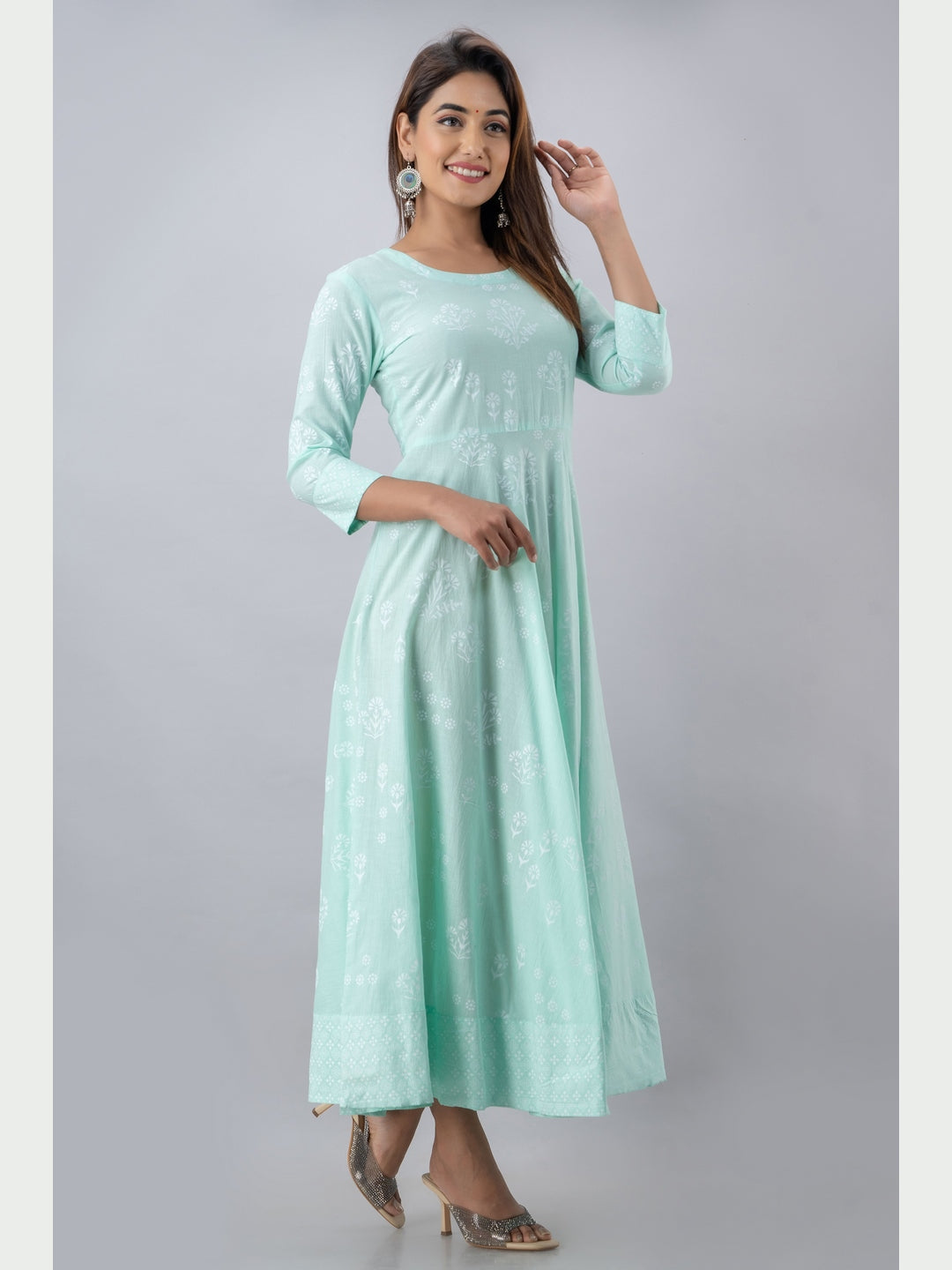 Cotton Printed Round Neck 3/4 Sleeve Flared Ankle Length Kurta - Image 4