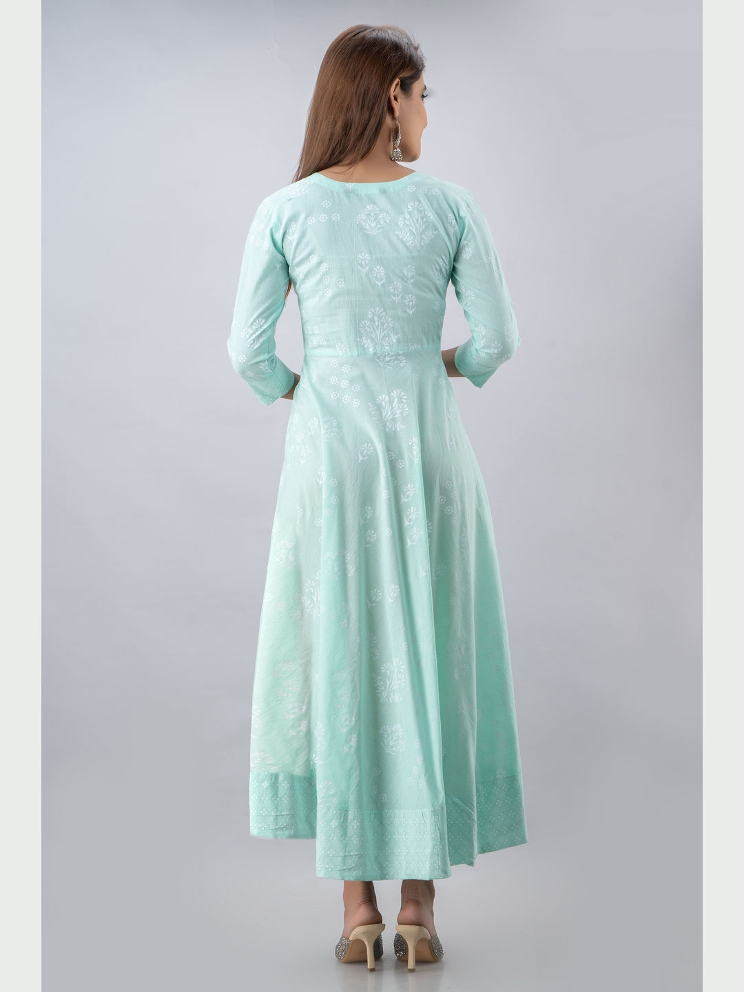 Cotton Printed Round Neck 3/4 Sleeve Flared Ankle Length Kurta - Image 3