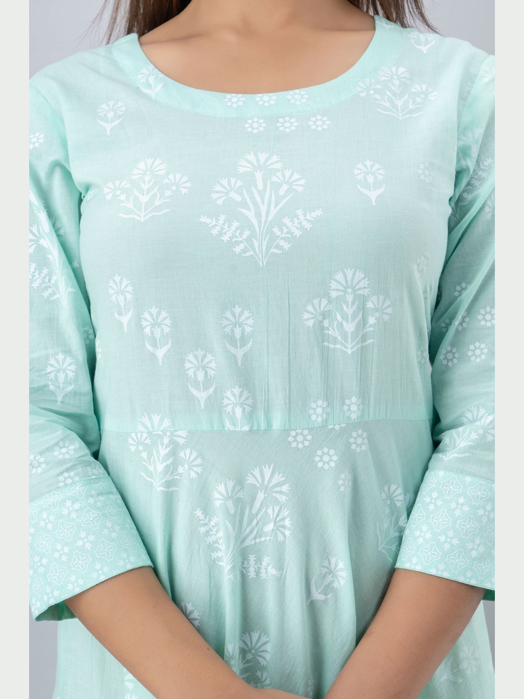 Cotton Printed Round Neck 3/4 Sleeve Flared Ankle Length Kurta - Image 5