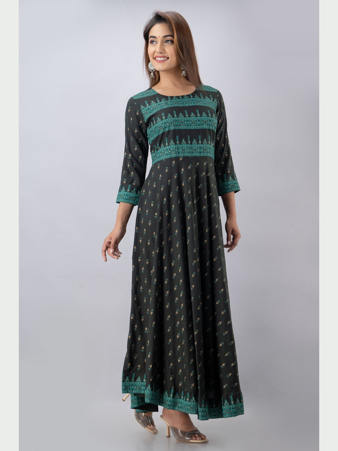 Cotton Printed Round Neck 3/4 Sleeve Flared Ankle Length Kurta - Image 2