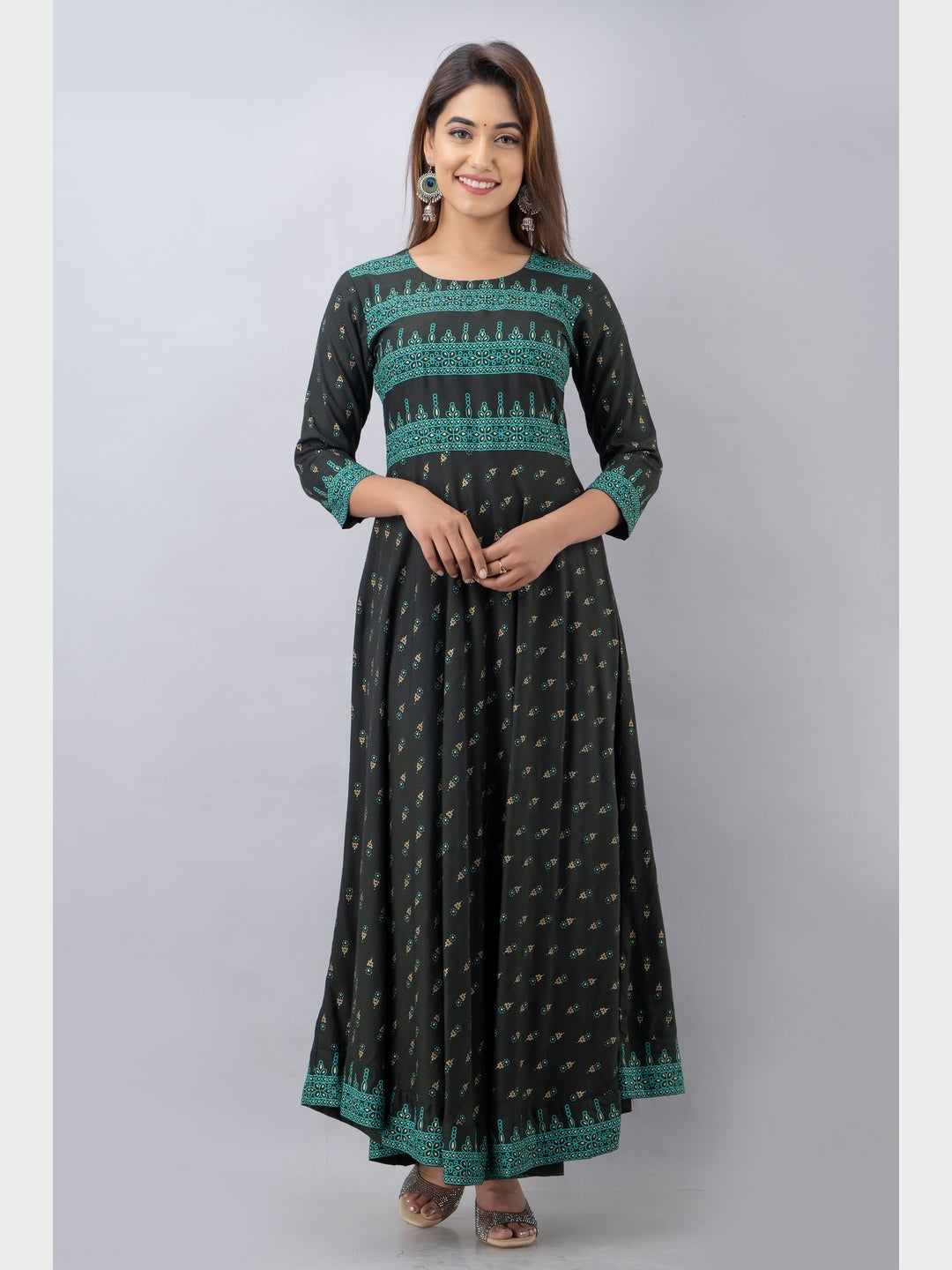 Cotton Printed Round Neck 3/4 Sleeve Flared Ankle Length Kurta - Image 4