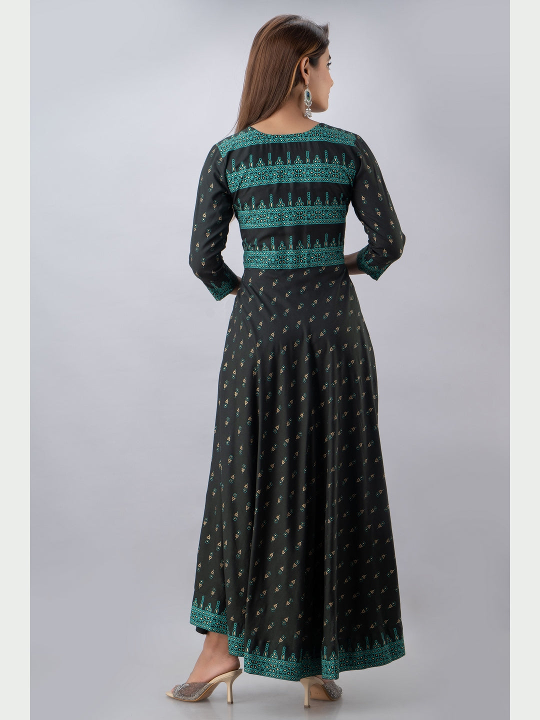 Cotton Printed Round Neck 3/4 Sleeve Flared Ankle Length Kurta - Image 3