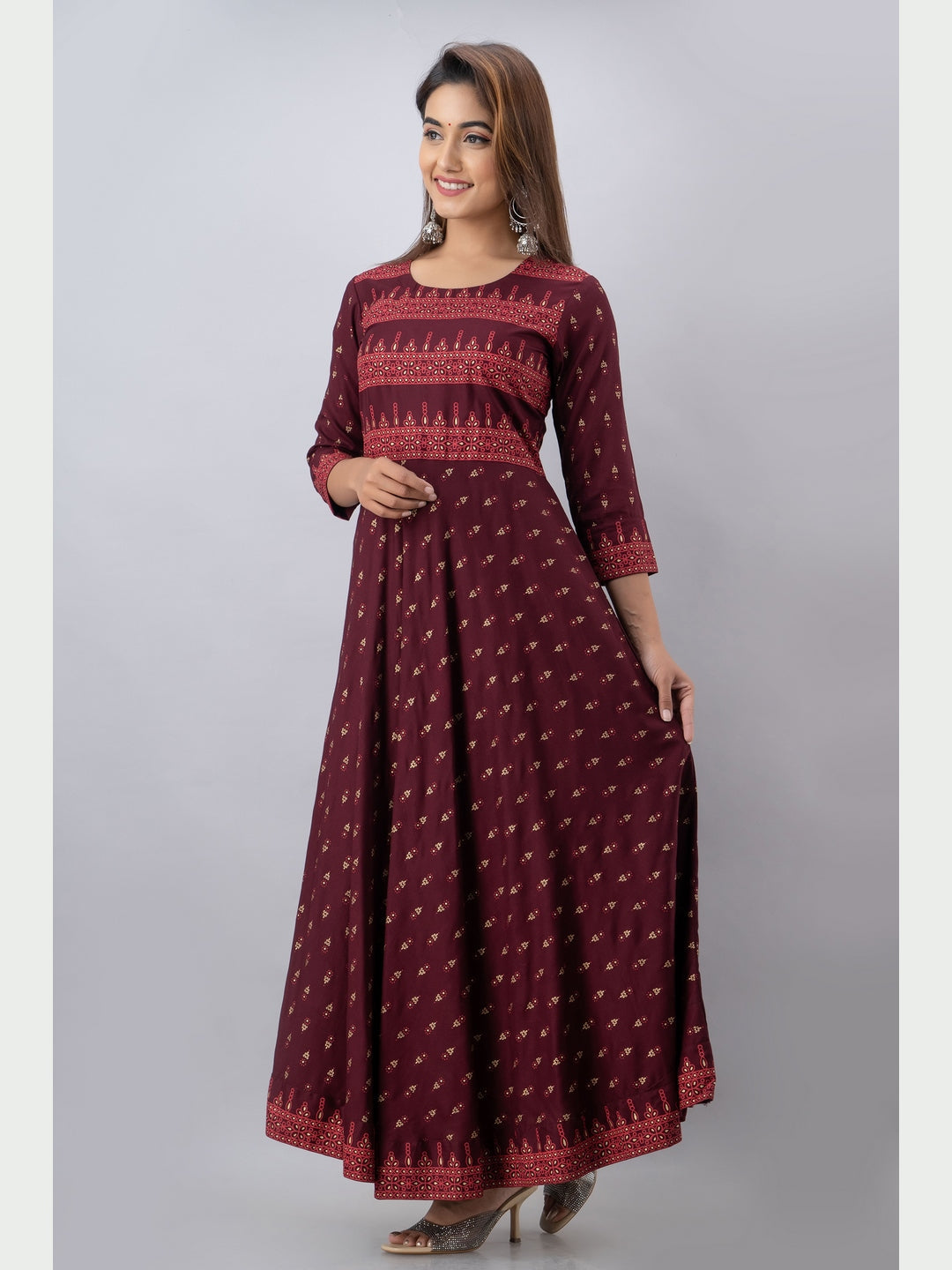 Cotton Printed Round Neck 3/4 Sleeve Flared Ankle Length Kurta - Image 2