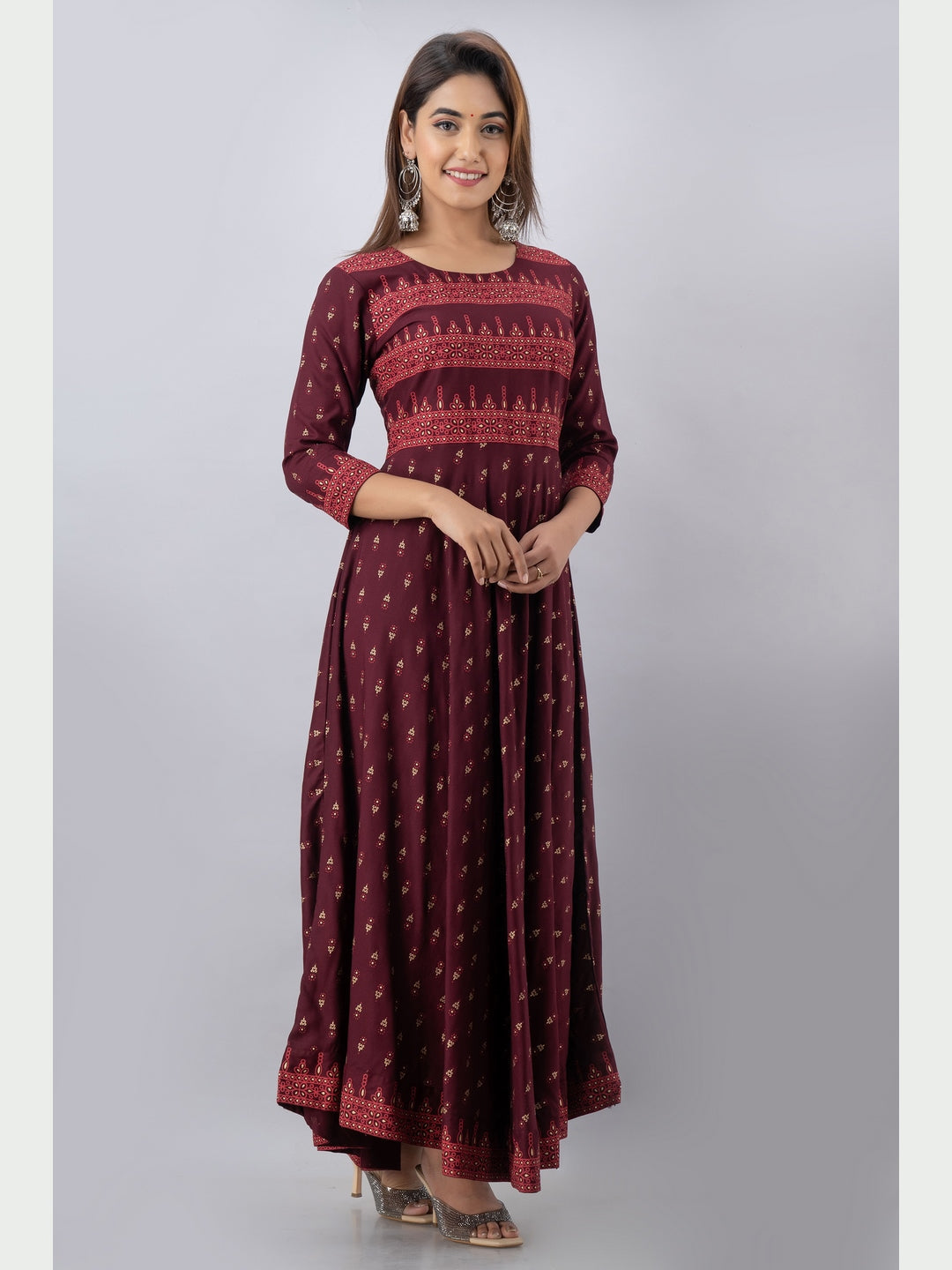 Cotton Printed Round Neck 3/4 Sleeve Flared Ankle Length Kurta - Image 4