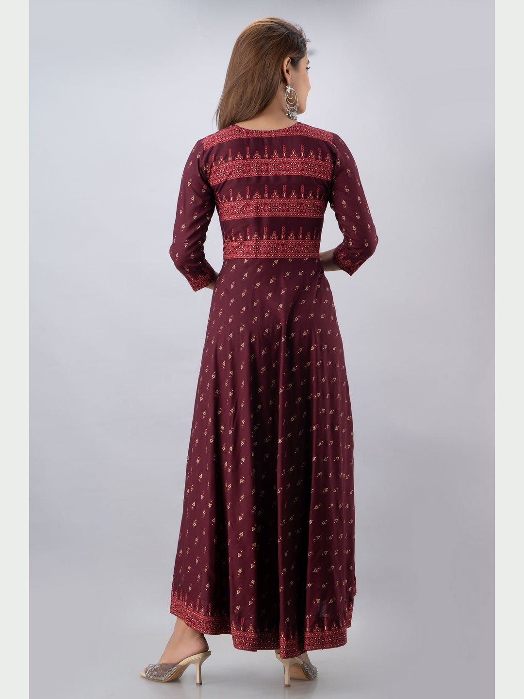 Cotton Printed Round Neck 3/4 Sleeve Flared Ankle Length Kurta - Image 3
