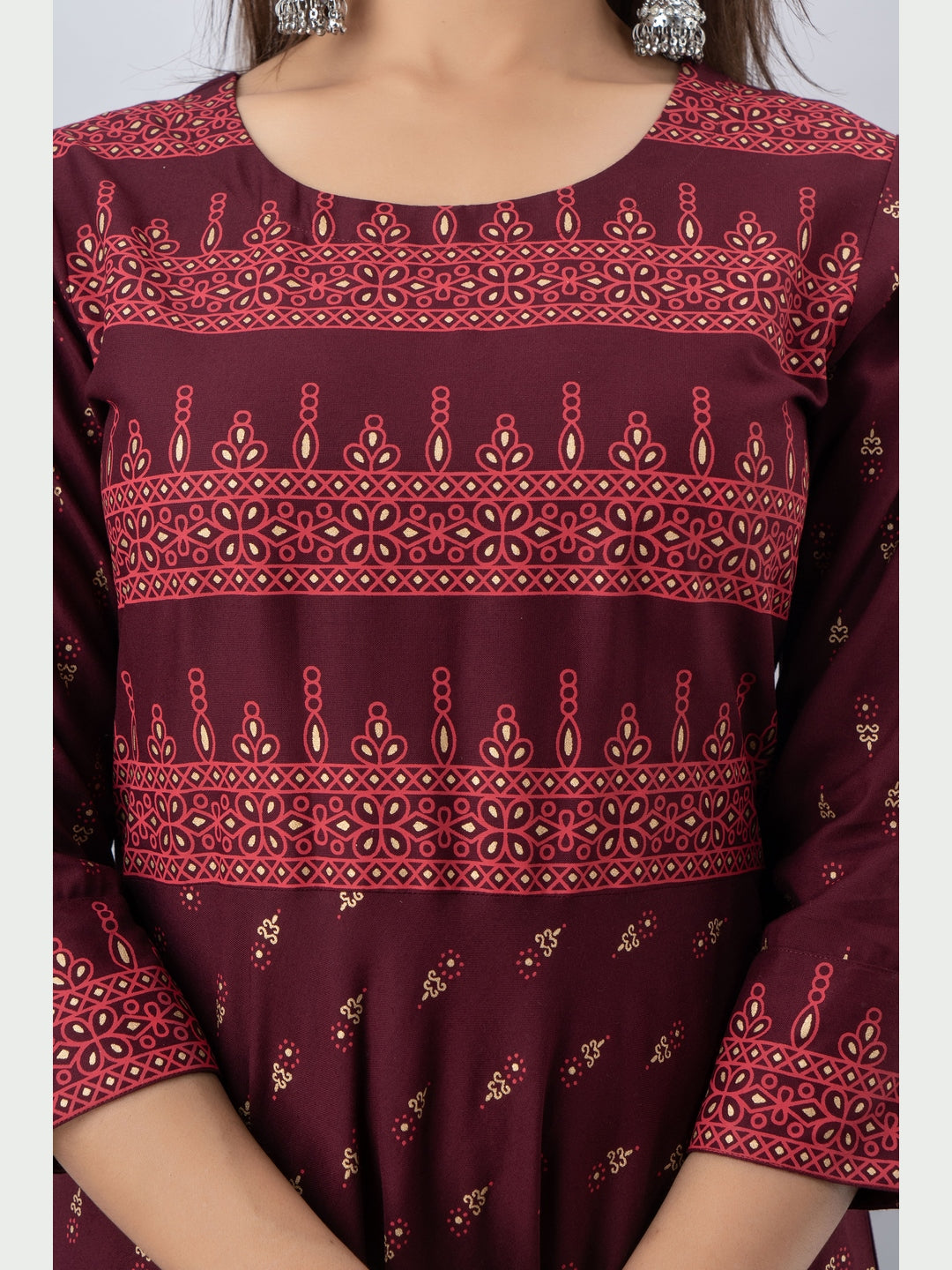 Cotton Printed Round Neck 3/4 Sleeve Flared Ankle Length Kurta - Image 5