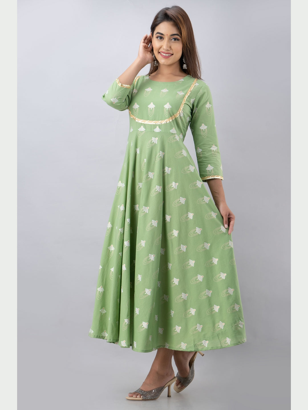 Cotton Printed Round Neck 3/4 Sleeve Flared Ankle Length Kurta - Image 4