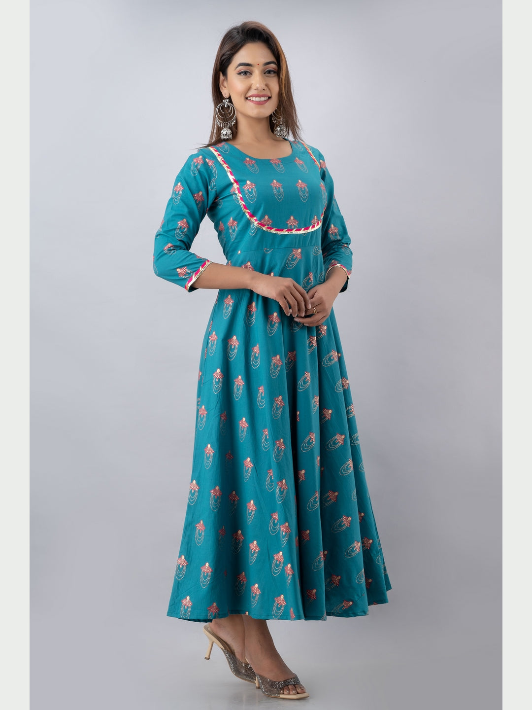 Cotton Printed Round Neck 3/4 Sleeve Flared Ankle Length Kurta - Image 2